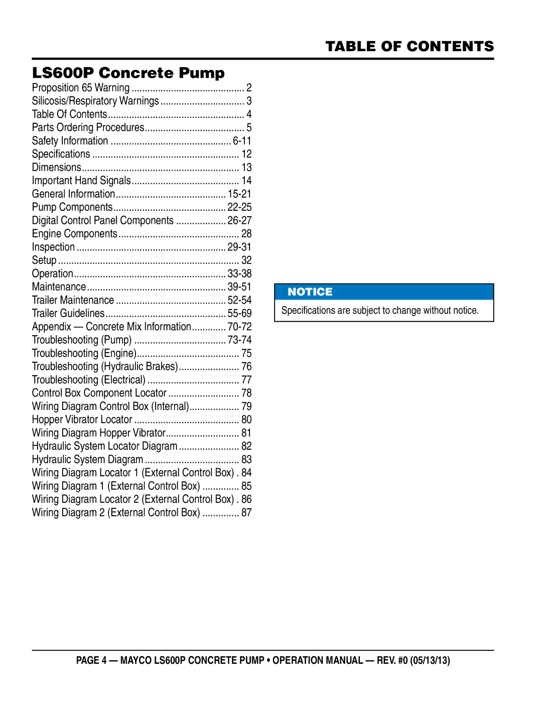 Multiquip LS600P Table of Contents, Specifications are subject to change without notice, Appendix Concrete Mix Information 