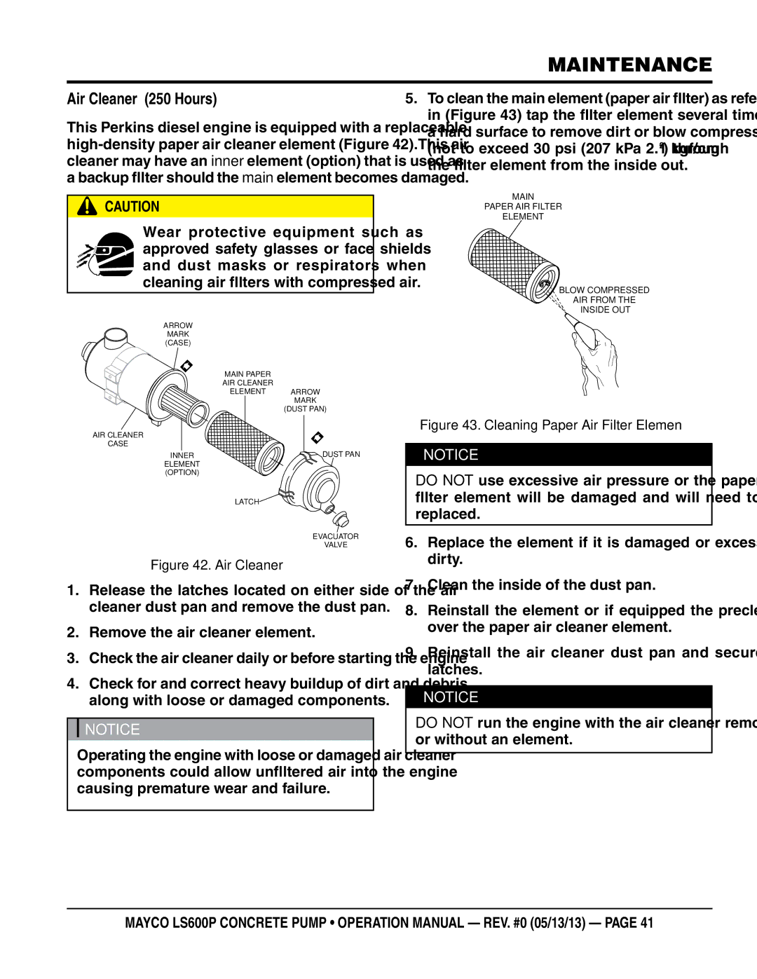 Multiquip LS600P operation manual Air Cleaner 250 Hours, Remove the air cleaner element 