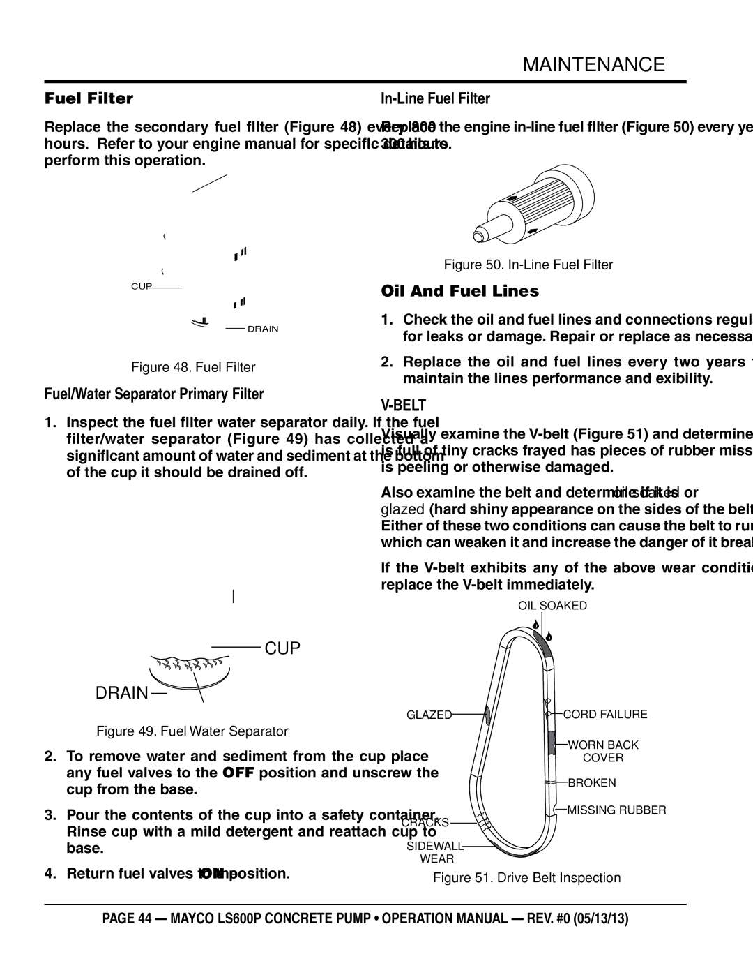 Multiquip LS600P operation manual In-Line Fuel Filter, Fuel/Water Separator Primary Filter, Oil And Fuel Lines, Belt 