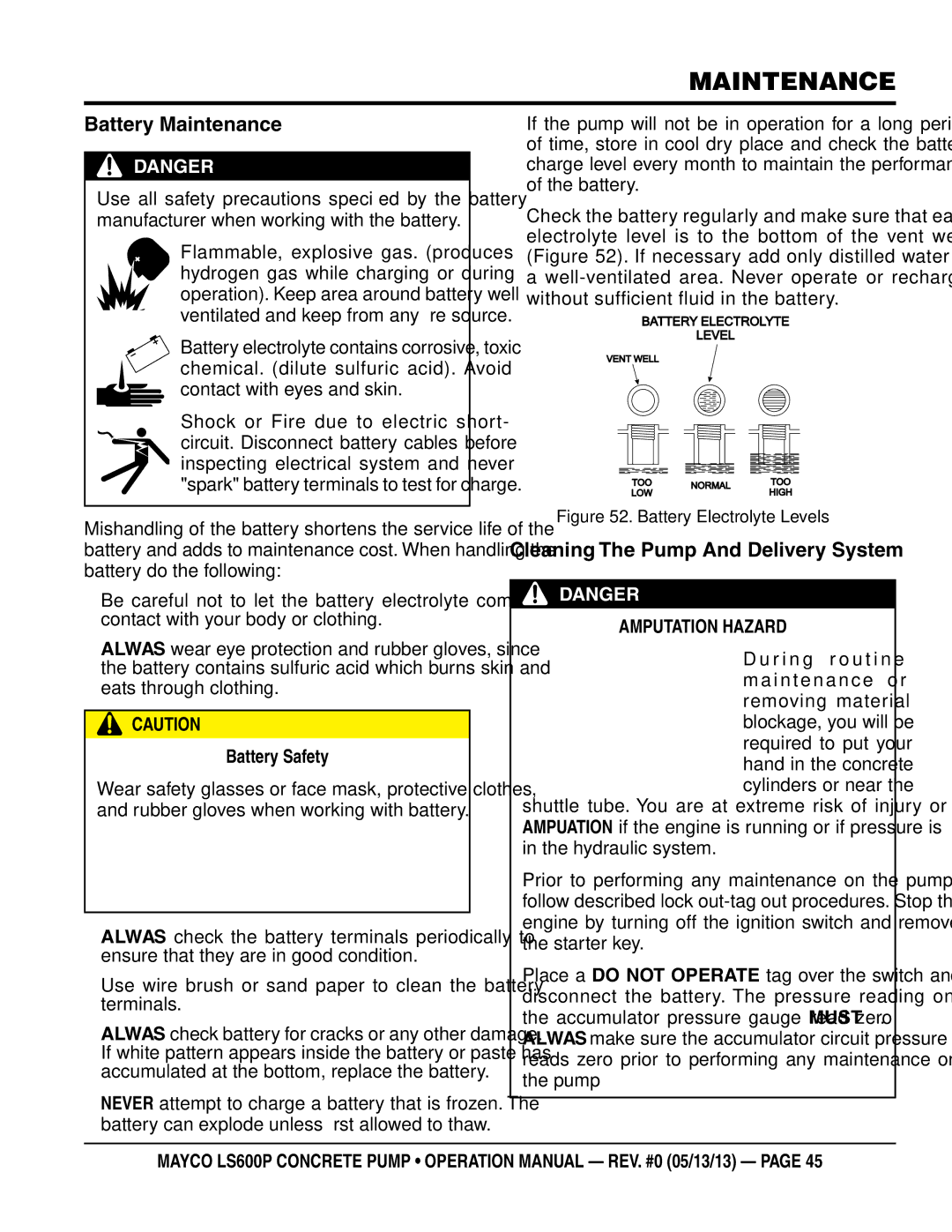 Multiquip LS600P operation manual Battery Maintenance, Cleaning The Pump And Delivery System, Battery Safety 