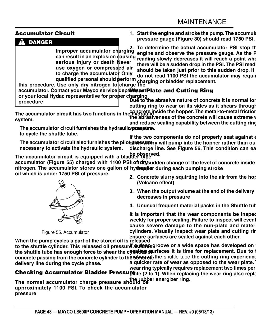 Multiquip LS600P operation manual Accumulator Circuit, Checking Accumulator Bladder Pressure, Wear Plate and Cutting Ring 