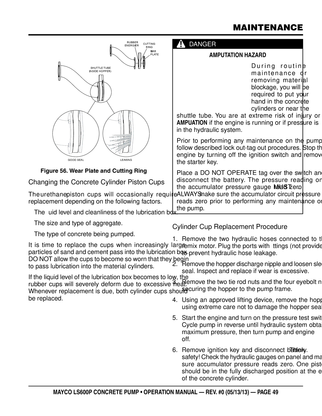 Multiquip LS600P operation manual Changing the Concrete Cylinder Piston Cups, Cylinder Cup Replacement Procedure, Off 