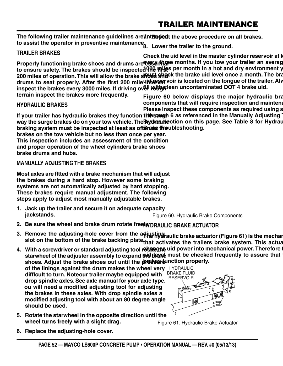 Multiquip LS600P operation manual Trailer maintenance, Trailer Brakes, Hydraulic Brakes, Manually Adjusting the Brakes 