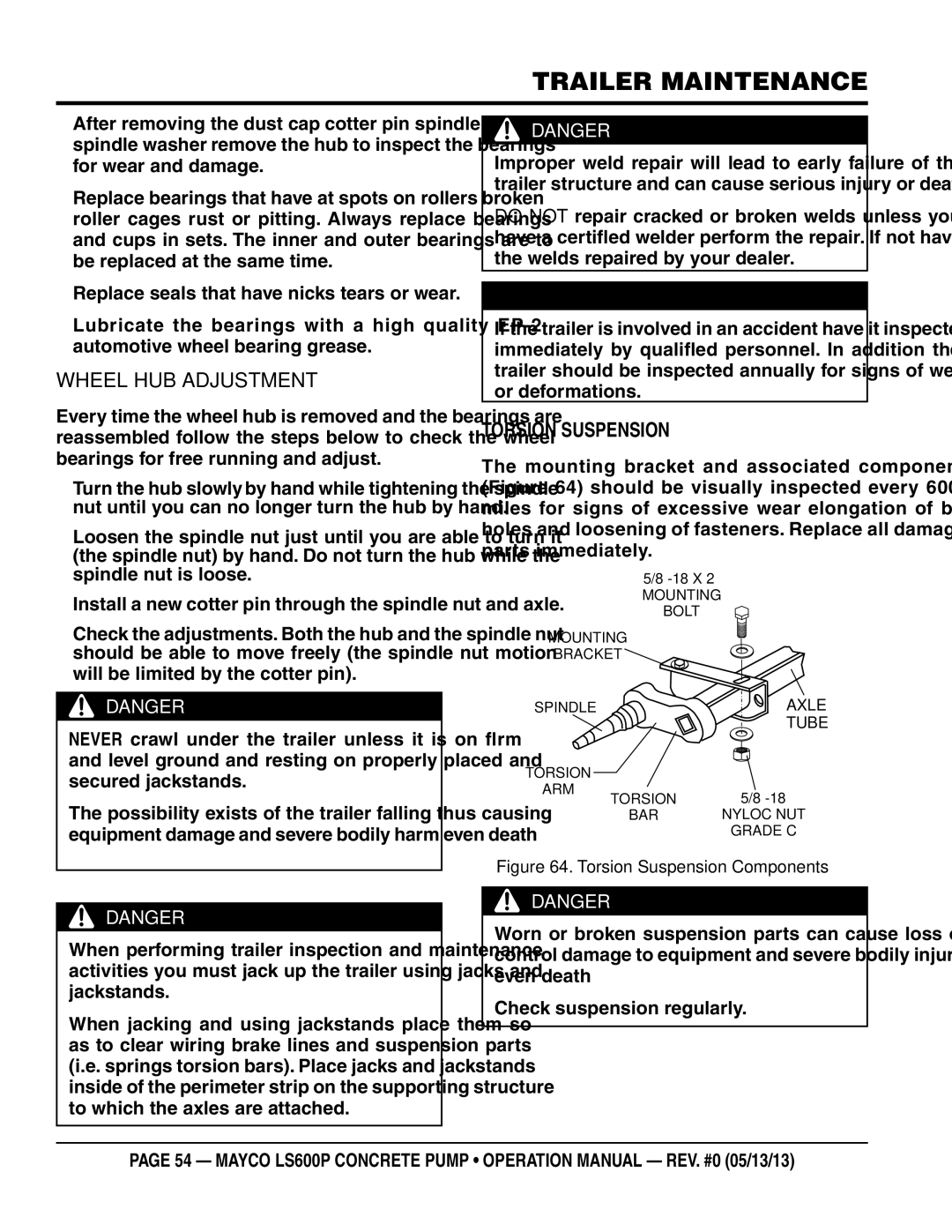 Multiquip LS600P operation manual Wheel Hub Adjustment, TORSION Suspension 