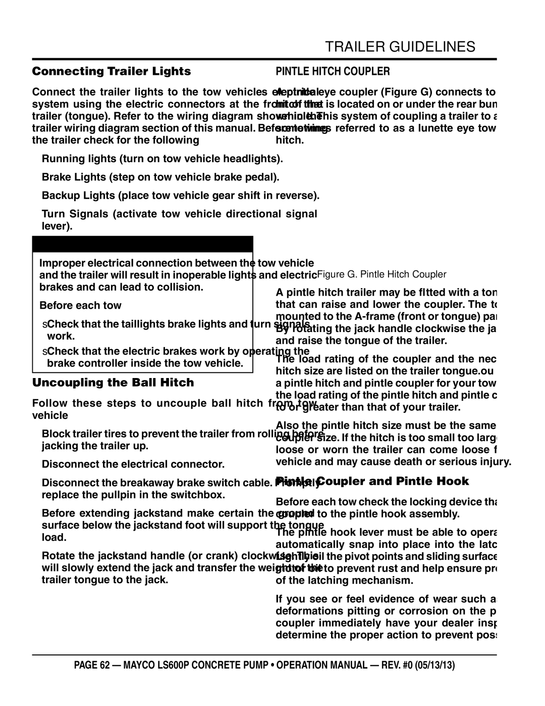 Multiquip LS600P operation manual Connecting Trailer Lights, Uncoupling the Ball Hitch, PiNTLe HiTCH COUpLeR 