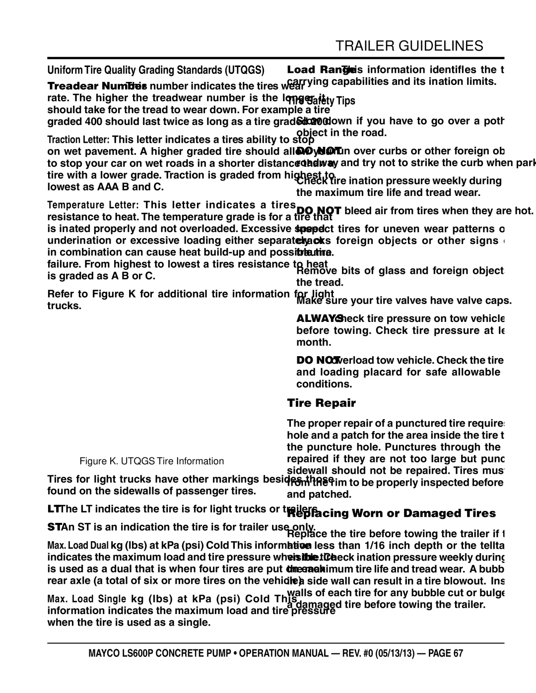 Multiquip LS600P operation manual Tire Safety Tips, Tire Repair, Replacing Worn or Damaged Tires 