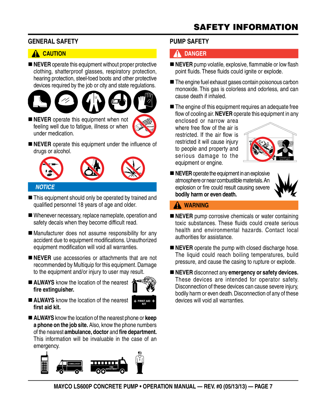 Multiquip LS600P Drugs or alcohol, „ Always know the location of the nearest, ﬁre extinguisher, ﬁrst aid kit 