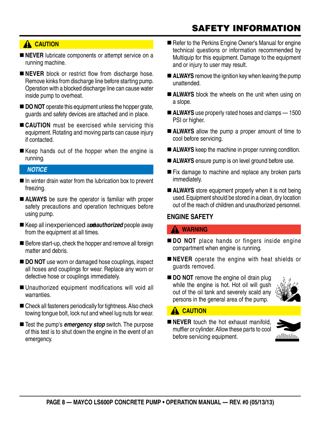 Multiquip LS600P operation manual ENgiNe SafeTY, Before servicing equipment 