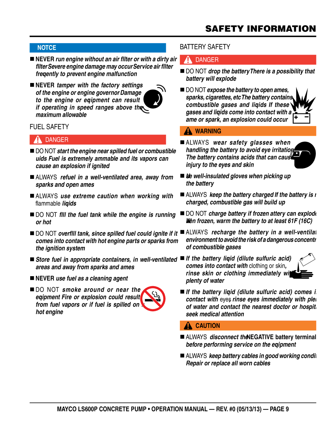 Multiquip LS600P operation manual Fuel Safety, „ Use well-insulated gloves when picking up the battery 