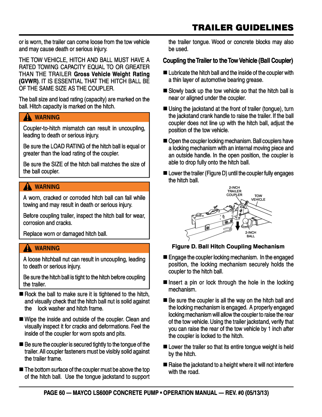 Multiquip LS600P operation manual trailer guidelines, Replace worn or damaged hitch ball 