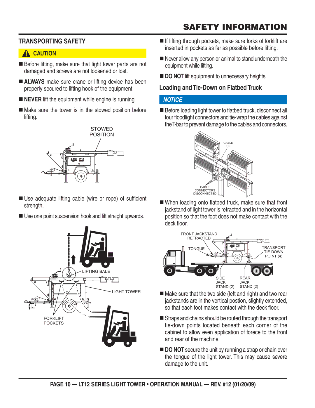 Multiquip LT12D, LT12P operation manual Transporting Safety, Loading and Tie-Down on Flatbed Truck 