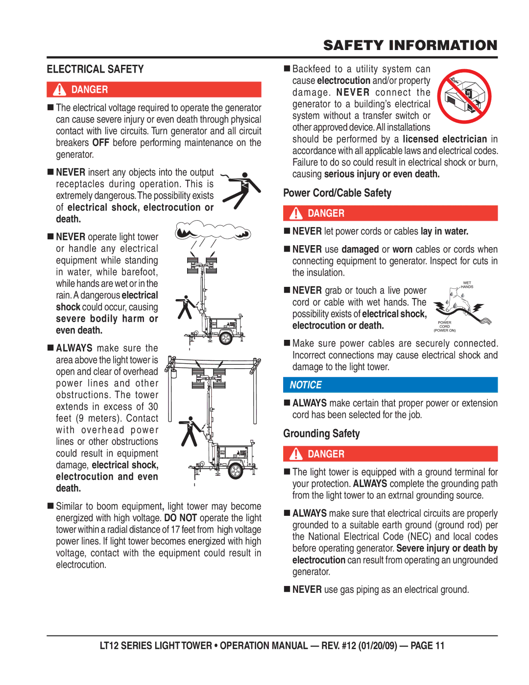 Multiquip LT12P, LT12D operation manual Electrical Safety, Power Cord/Cable Safety, Grounding Safety 