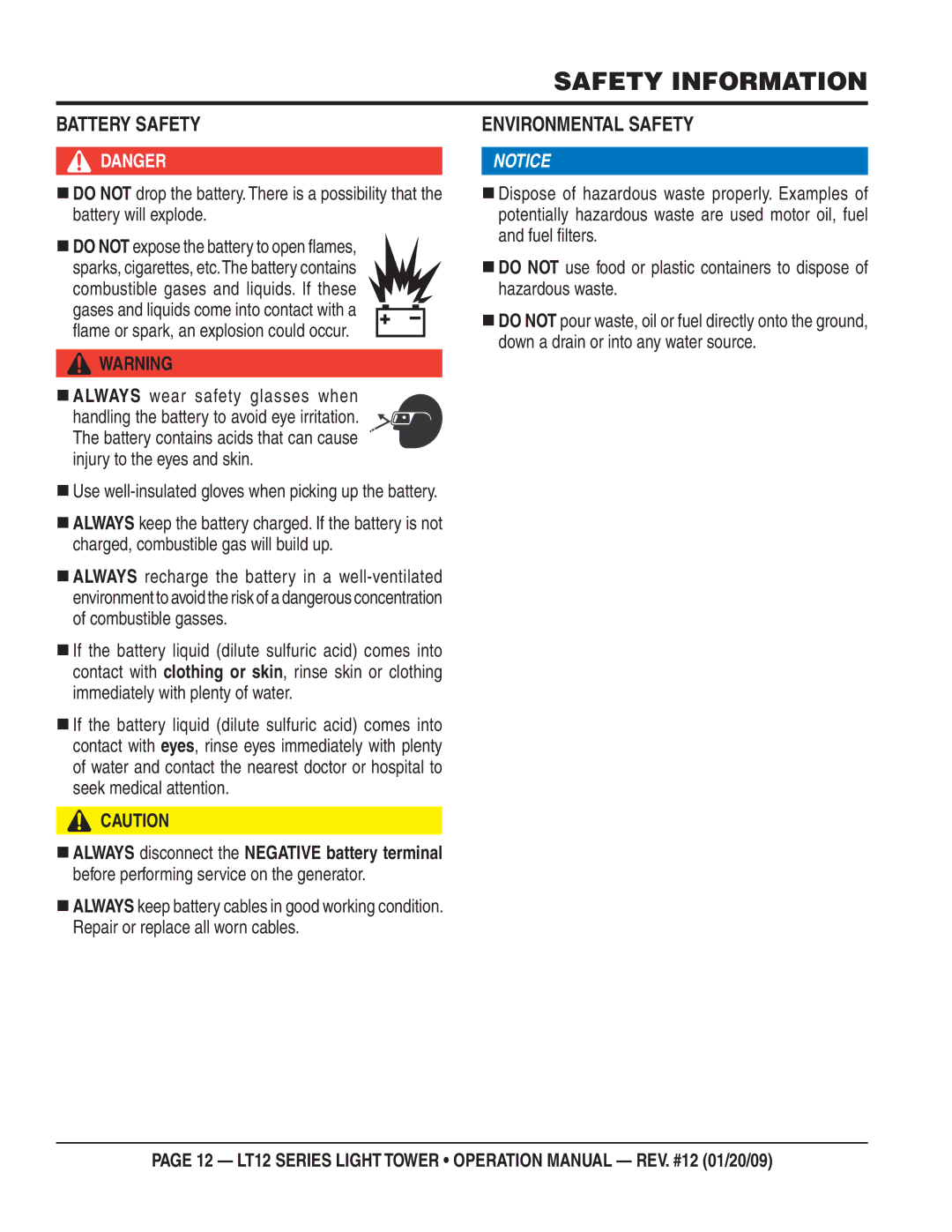 Multiquip LT12D, LT12P operation manual Battery Safety, Environmental Safety 