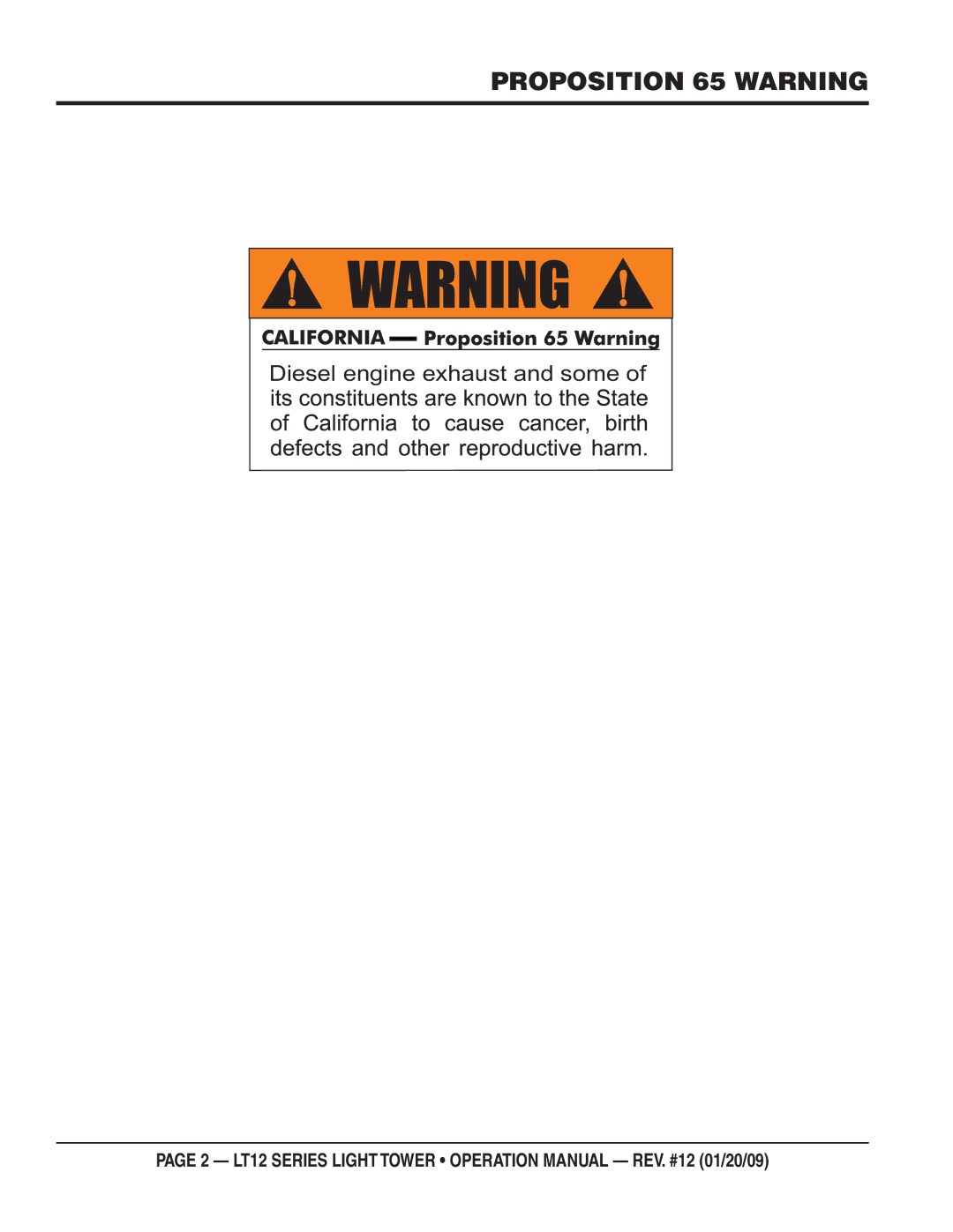 Multiquip LT12D, LT12P operation manual Proposition 65 Warning 