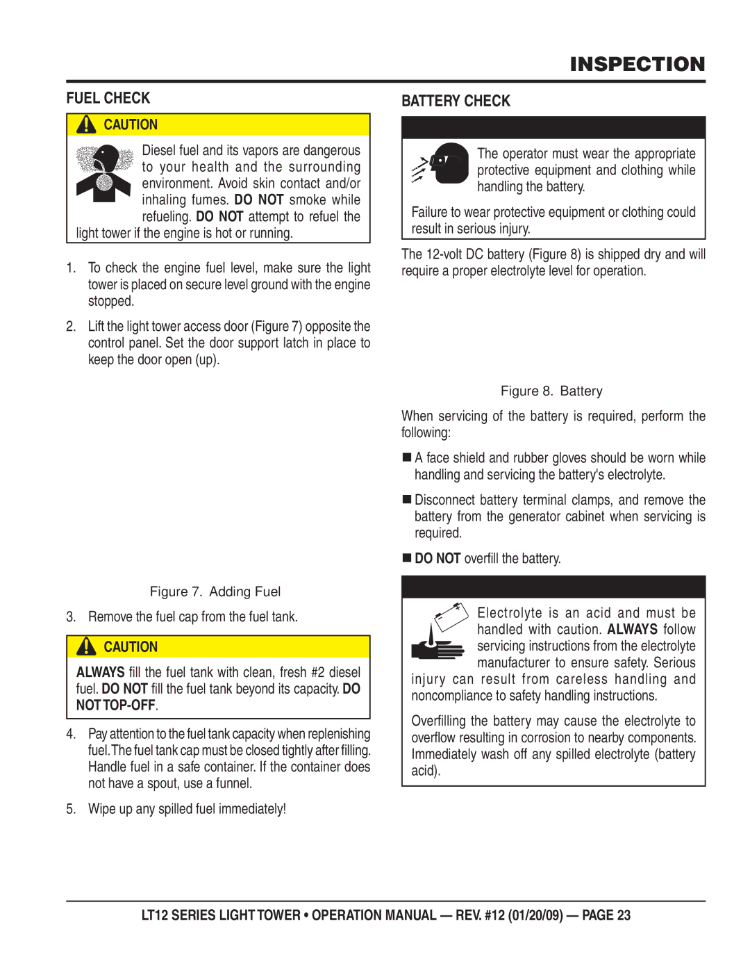 Multiquip LT12P, LT12D operation manual Fuel Check, Battery Check, Wipe up any spilled fuel immediately 