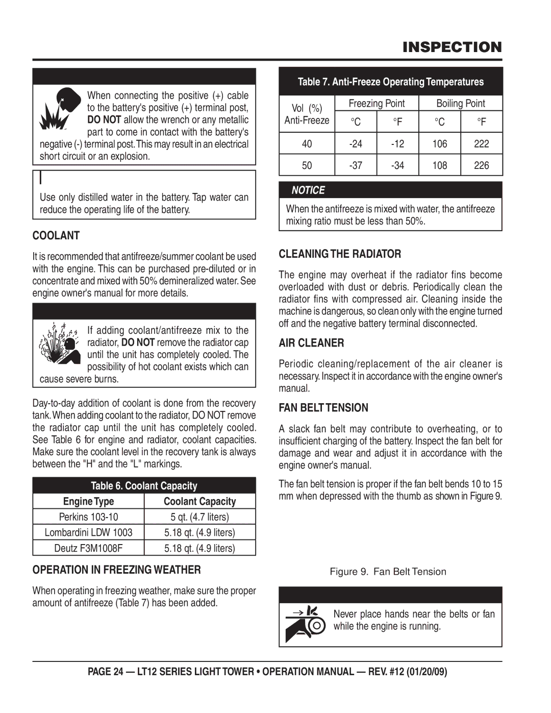 Multiquip LT12D, LT12P Coolant, Operation in Freezing Weather, Cleaning the Radiator, AIR Cleaner FAN Belt Tension 