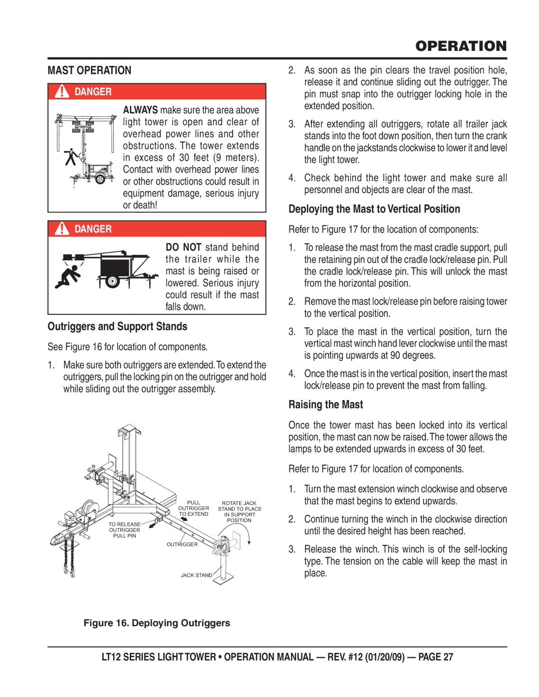 Multiquip LT12P Mast Operation, Outriggers and Support Stands, Deploying the Mast to Vertical Position, Raising the Mast 