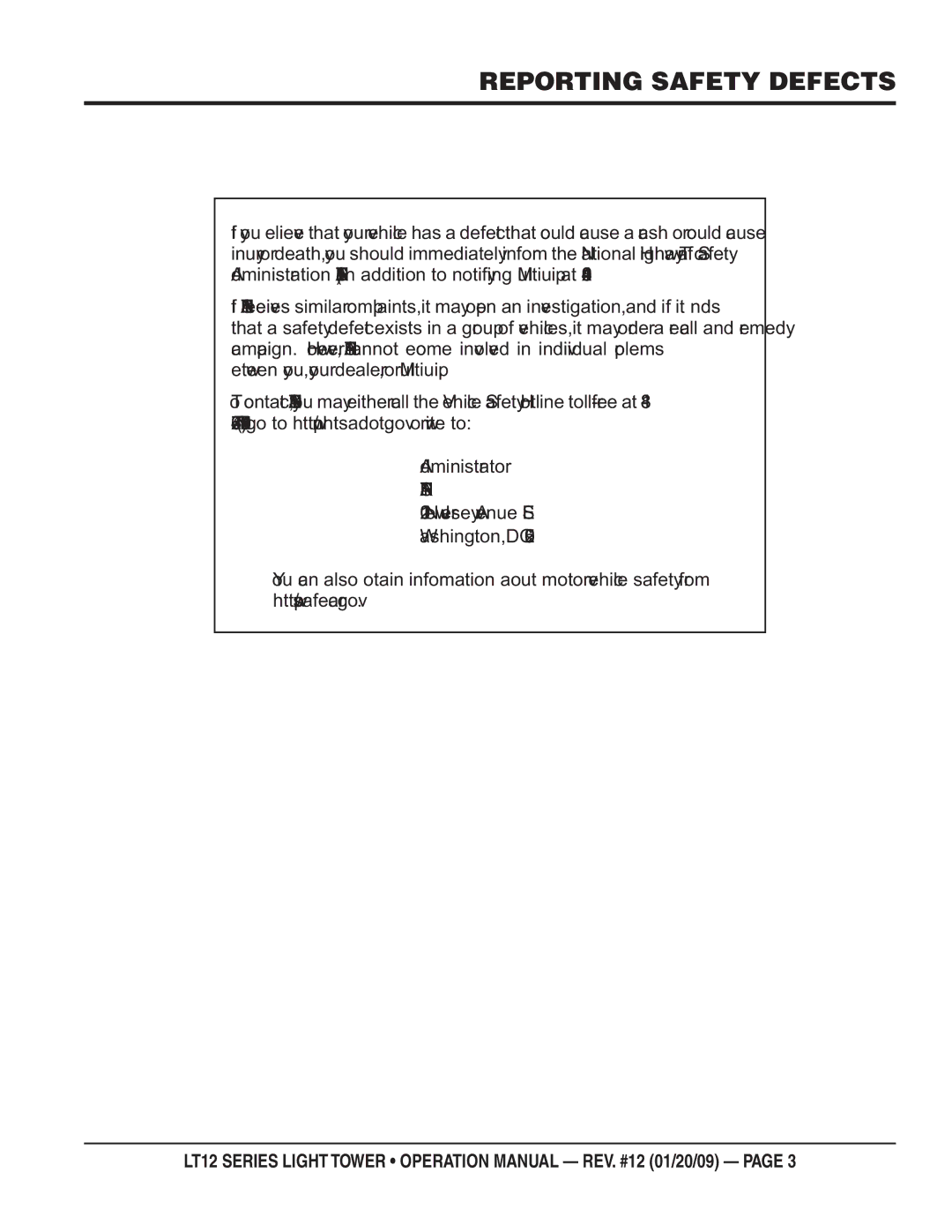 Multiquip LT12P, LT12D operation manual Reporting Safety Defects, Nhtsa 