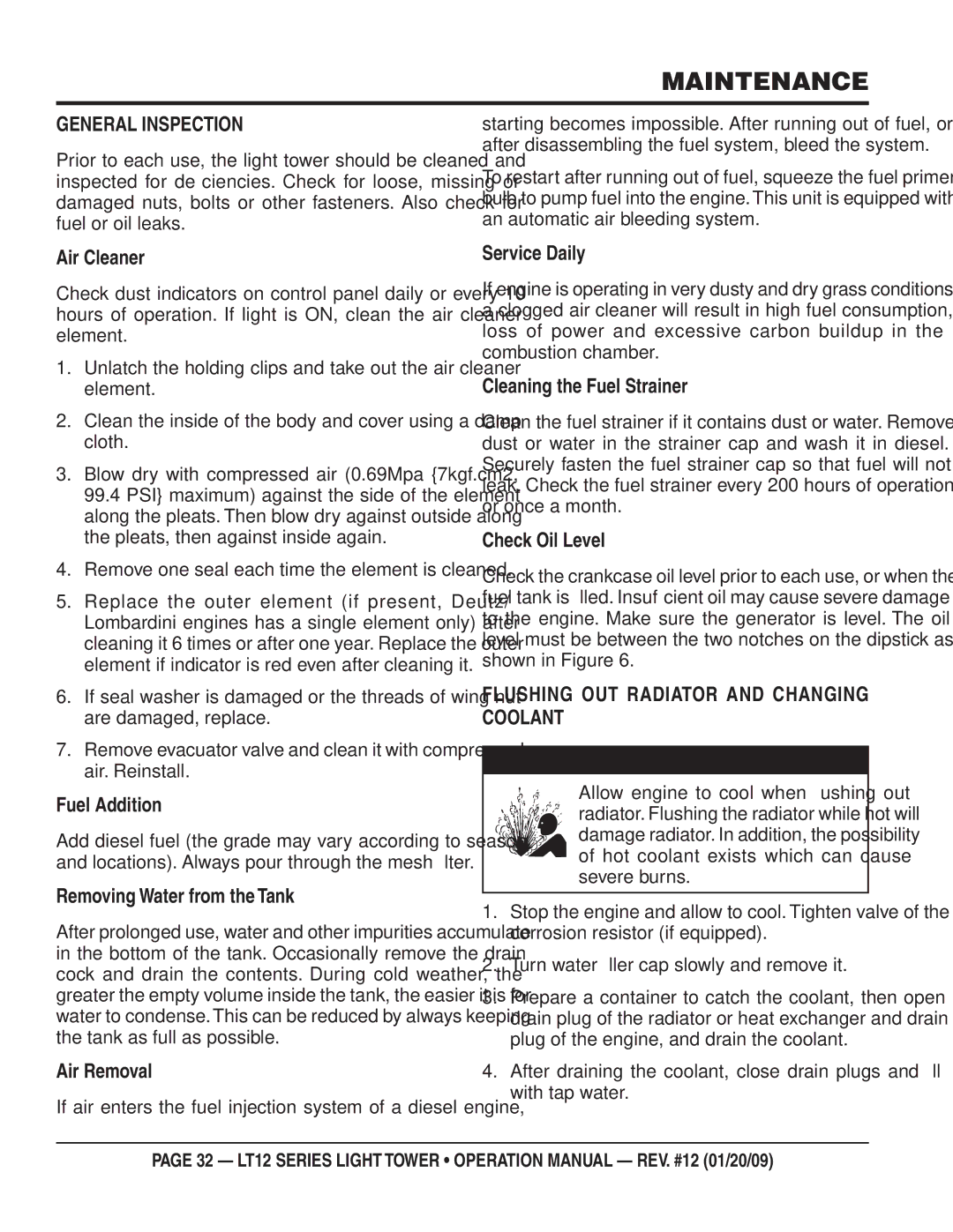 Multiquip LT12D, LT12P operation manual General Inspection, Flushing OUT Radiator and Changing Coolant 