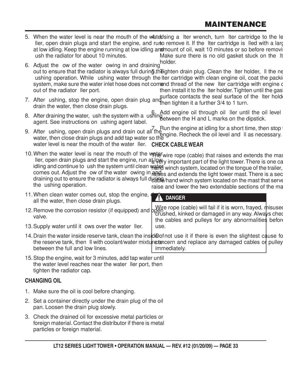 Multiquip LT12P, LT12D operation manual Changing OIL, Check Cable Wear 