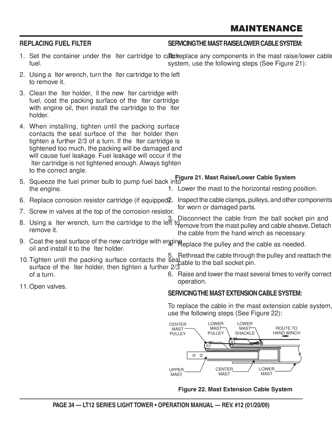 Multiquip LT12D, LT12P operation manual Replacing Fuel Filter, Servicingthe Mast RAISE/LOWER Cable System 