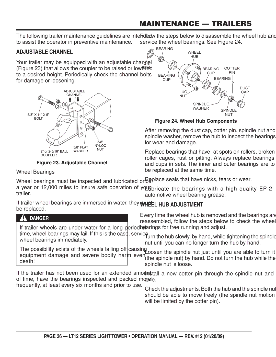 Multiquip LT12D, LT12P operation manual Maintenance Trailers, Adjustable Channel, Wheel HUB Adjustment 