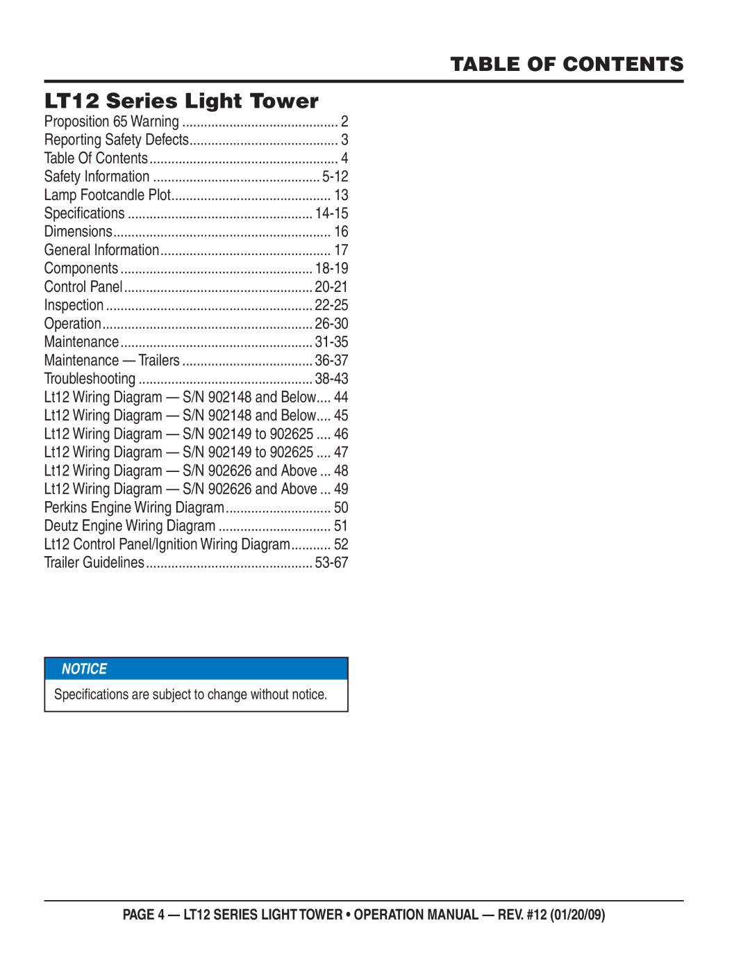 Multiquip LT12D, LT12P operation manual Table of Contents, Speciﬁcations are subject to change without notice 