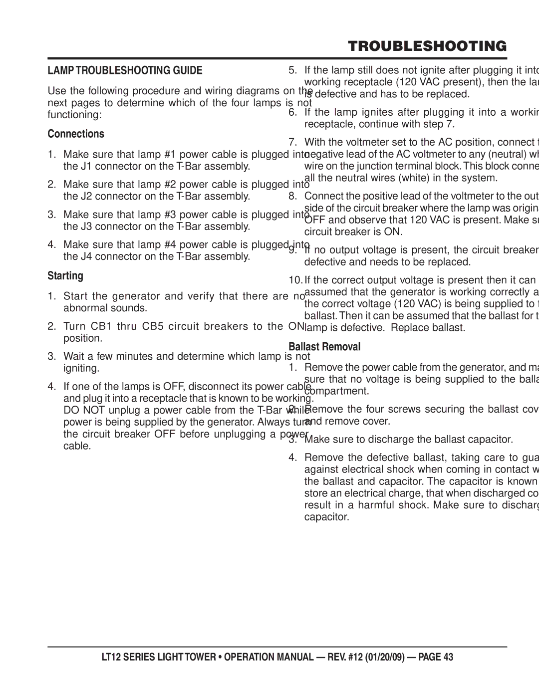 Multiquip LT12P, LT12D operation manual Lamp Troubleshooting Guide, Connections, Starting, Ballast Removal 