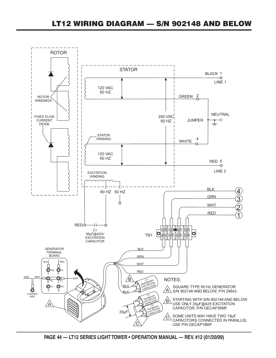 Multiquip LT12D, LT12P operation manual LT12 Wiring Diagram S/N 902148 and below, Stator 