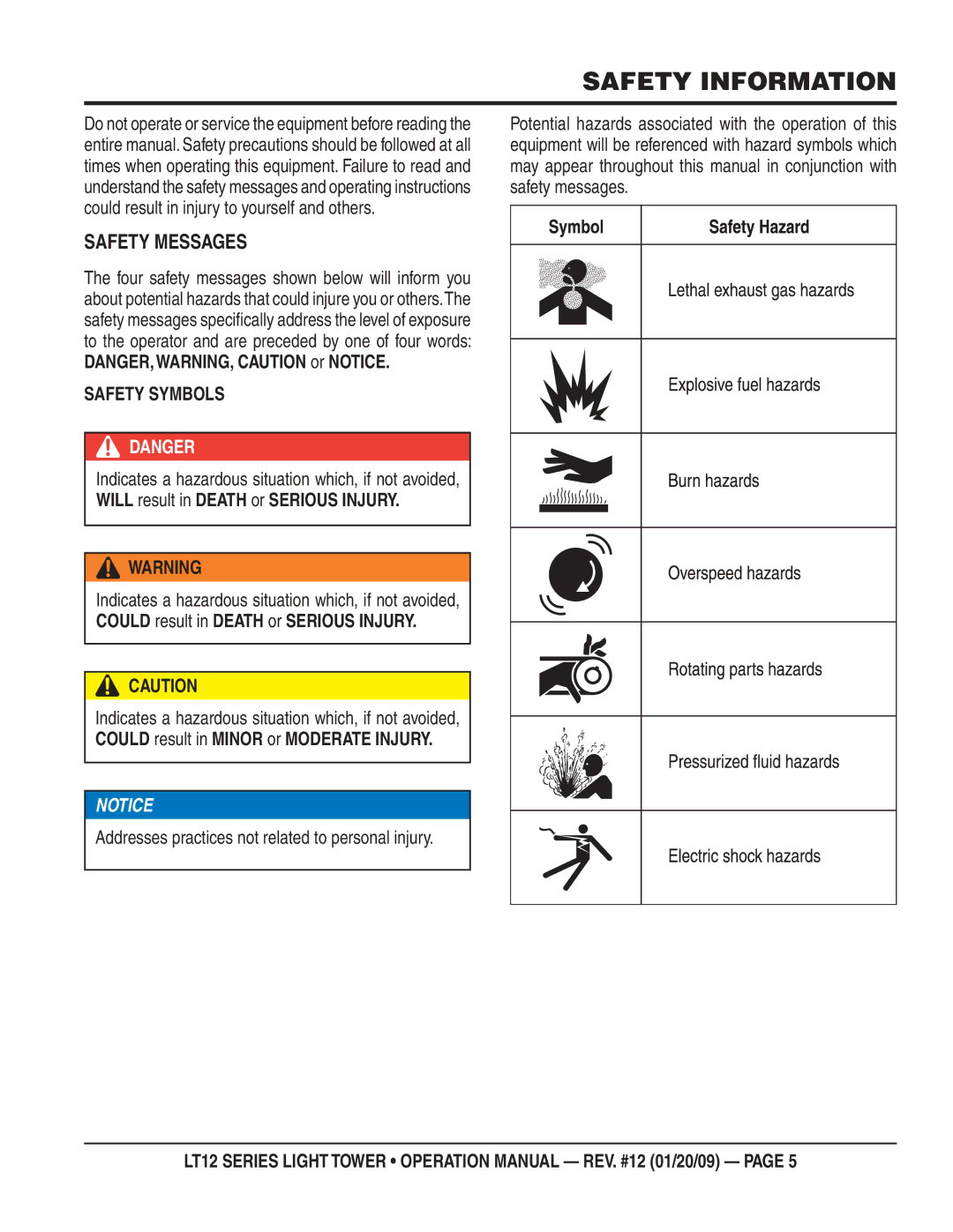 Multiquip LT12P, LT12D operation manual Safety Information, Safety Messages 