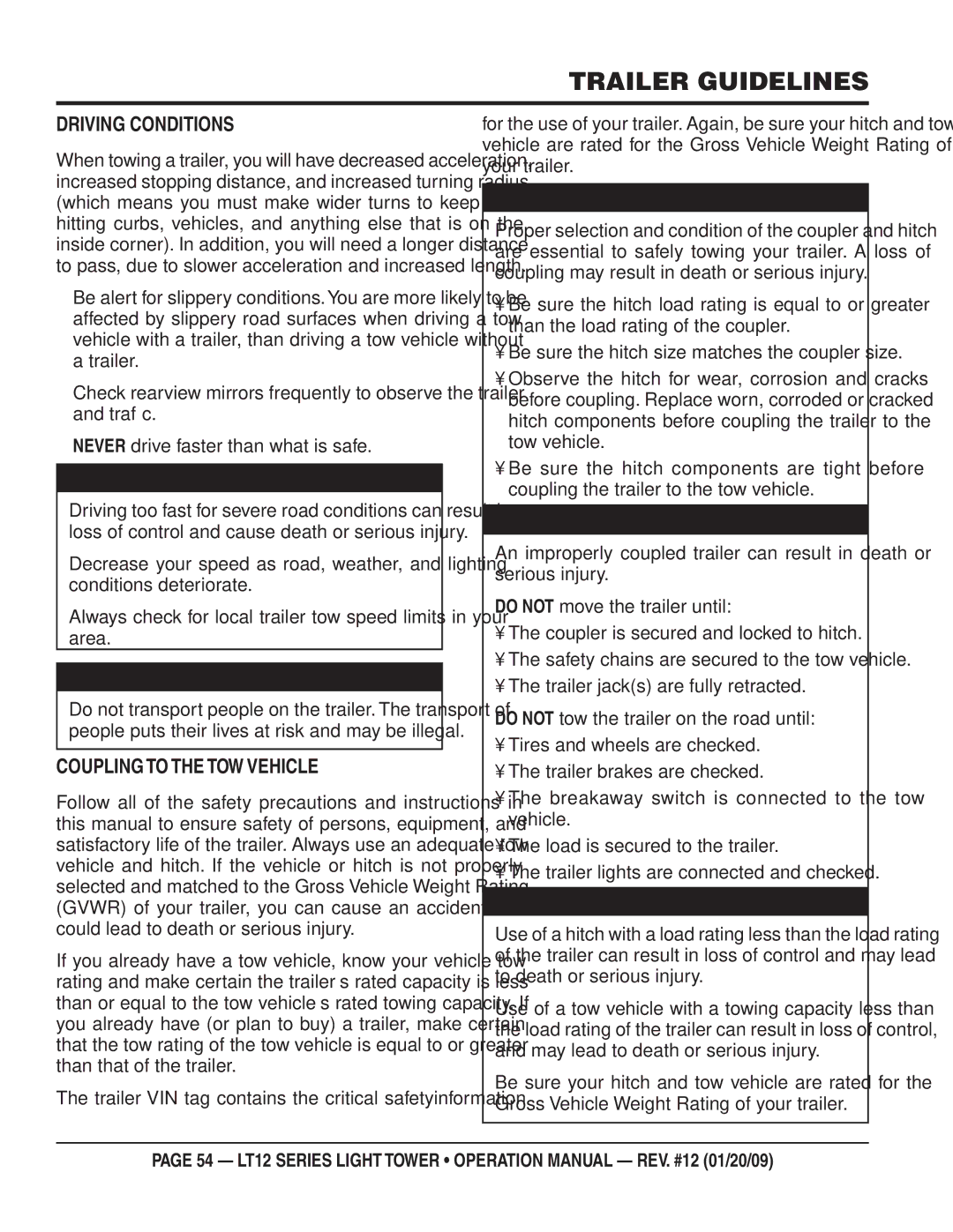 Multiquip LT12D, LT12P operation manual Driving Conditions, Coupling to the TOW Vehicle 