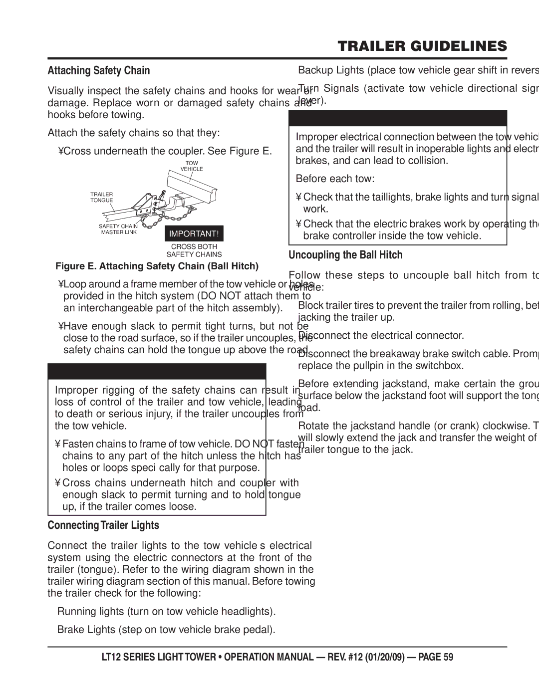 Multiquip LT12P, LT12D operation manual Attaching Safety Chain, Connecting Trailer Lights, Uncoupling the Ball Hitch 
