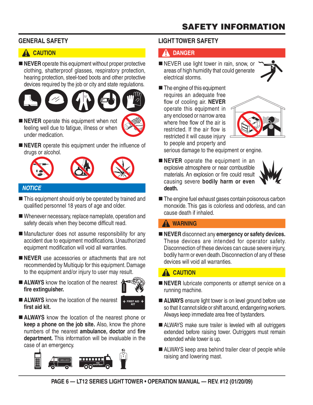 Multiquip LT12D, LT12P operation manual General Safety, Light Tower Safety, ﬁre extinguisher, ﬁrst aid kit 