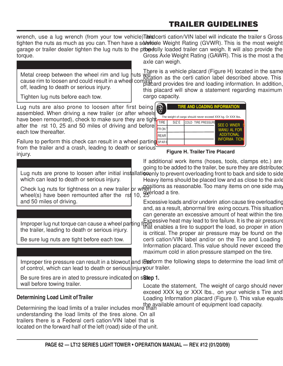 Multiquip LT12D, LT12P operation manual Determining Load Limit of Trailer, Step, Tighten lug nuts before each tow 