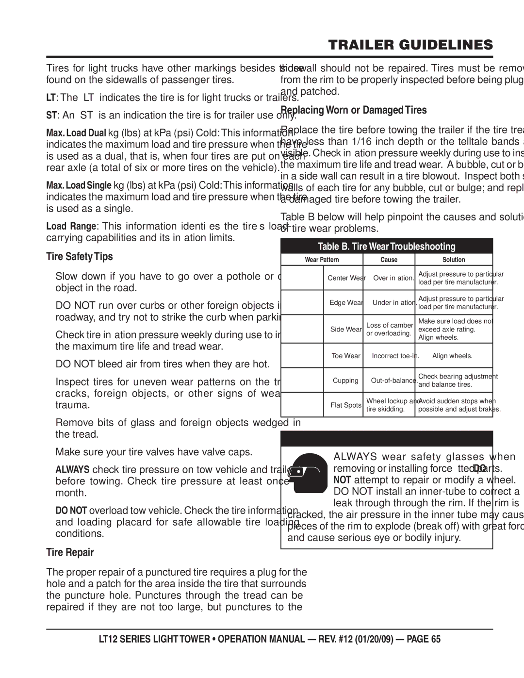 Multiquip LT12P, LT12D Tire Safety Tips, Tire Repair, Replacing Worn or Damaged Tires, Table B. Tire Wear Troubleshooting 