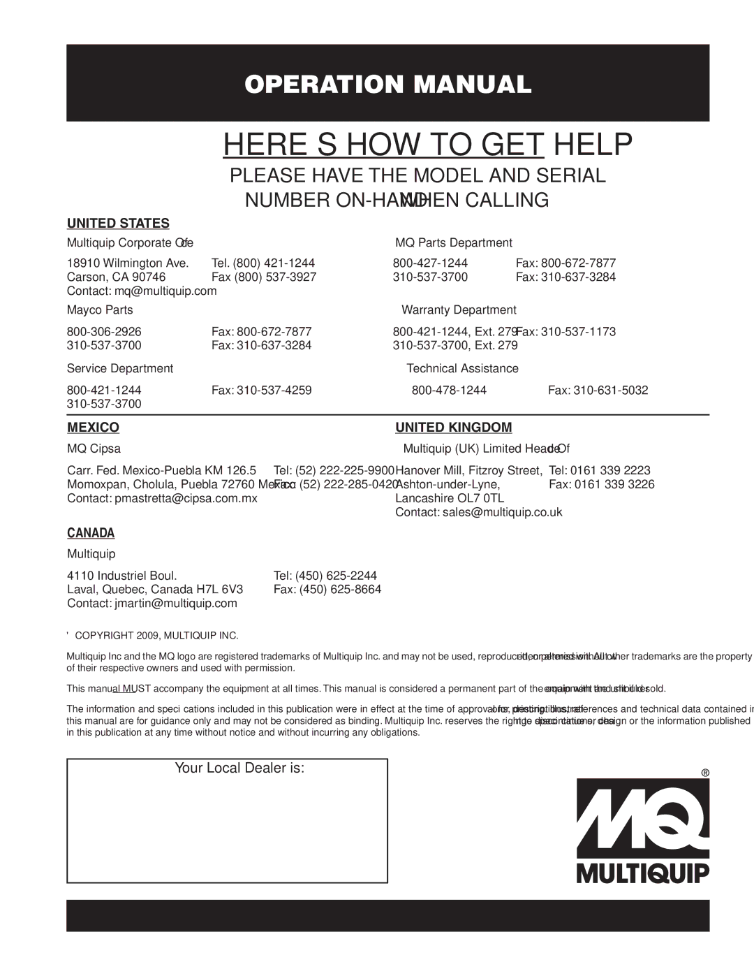 Multiquip LT12D, LT12P operation manual HERE’S HOW to GET Help 