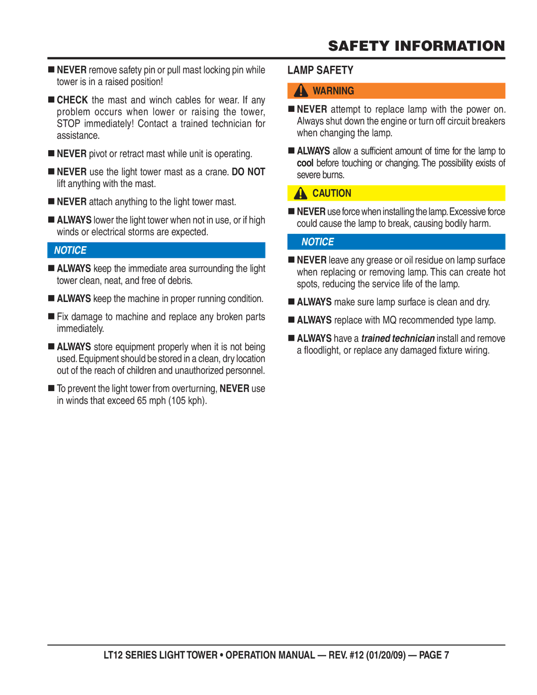 Multiquip LT12P, LT12D operation manual Lamp Safety 