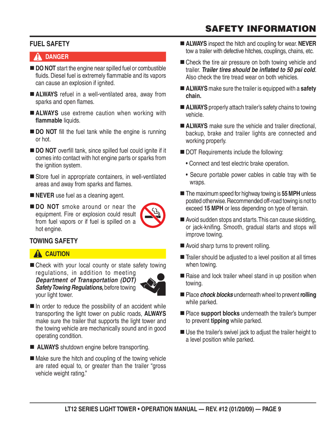 Multiquip LT12P, LT12D operation manual Fuel Safety, Towing Safety 