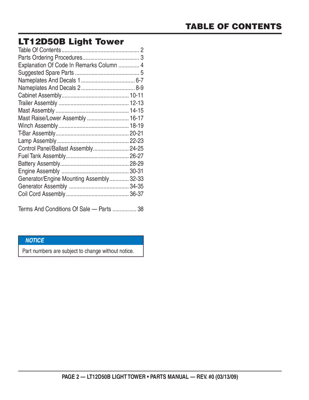 Multiquip manual LT12D50B Light Tower, Table of Contents 