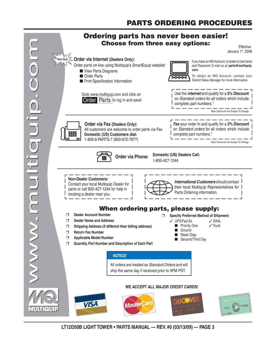 Multiquip LT12D50B manual Parts Ordering Procedures, Ordering parts has never been easier 