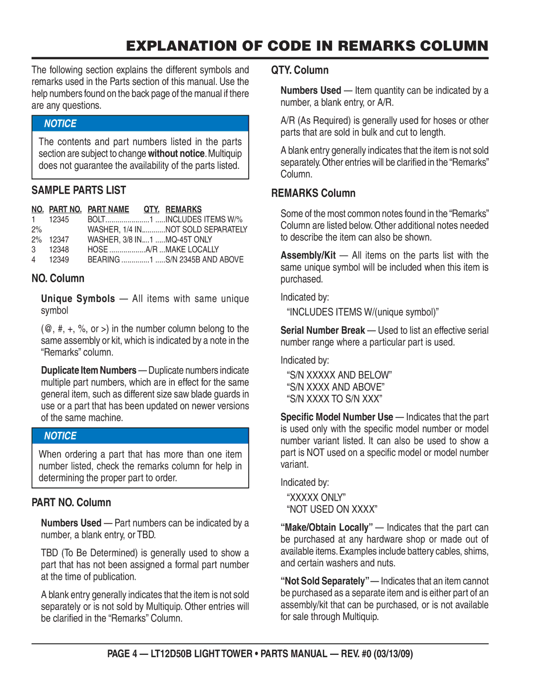 Multiquip LT12D50B manual Explanation of Code in Remarks Column, Xxxxx only Not Used on 