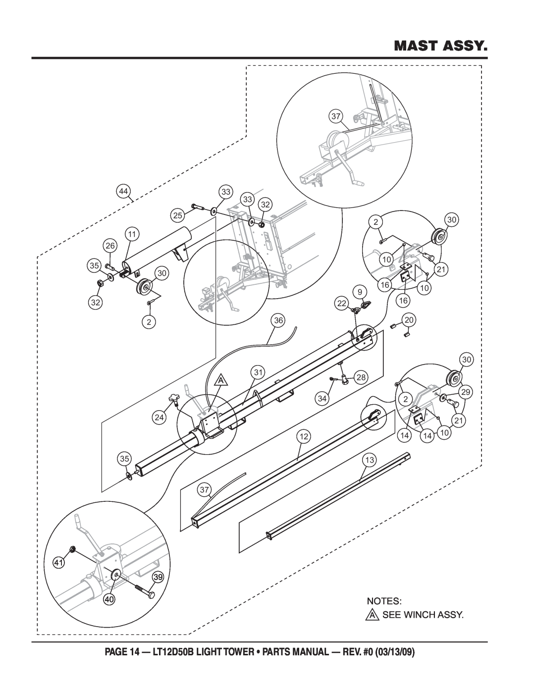 Multiquip manual Mast Assy, PAGE 14 - LT12D50B LIGHT TOWER PARTS MANUAL - REV. #0 03/13/09, A See Winch Assy 