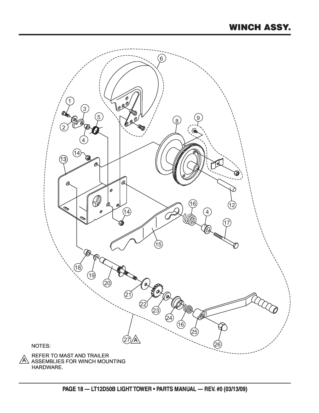 Multiquip manual Winch Assy, PAGE 18 - LT12D50B LIGHT TOWER PARTS MANUAL - REV. #0 03/13/09, 1612, 27 A 