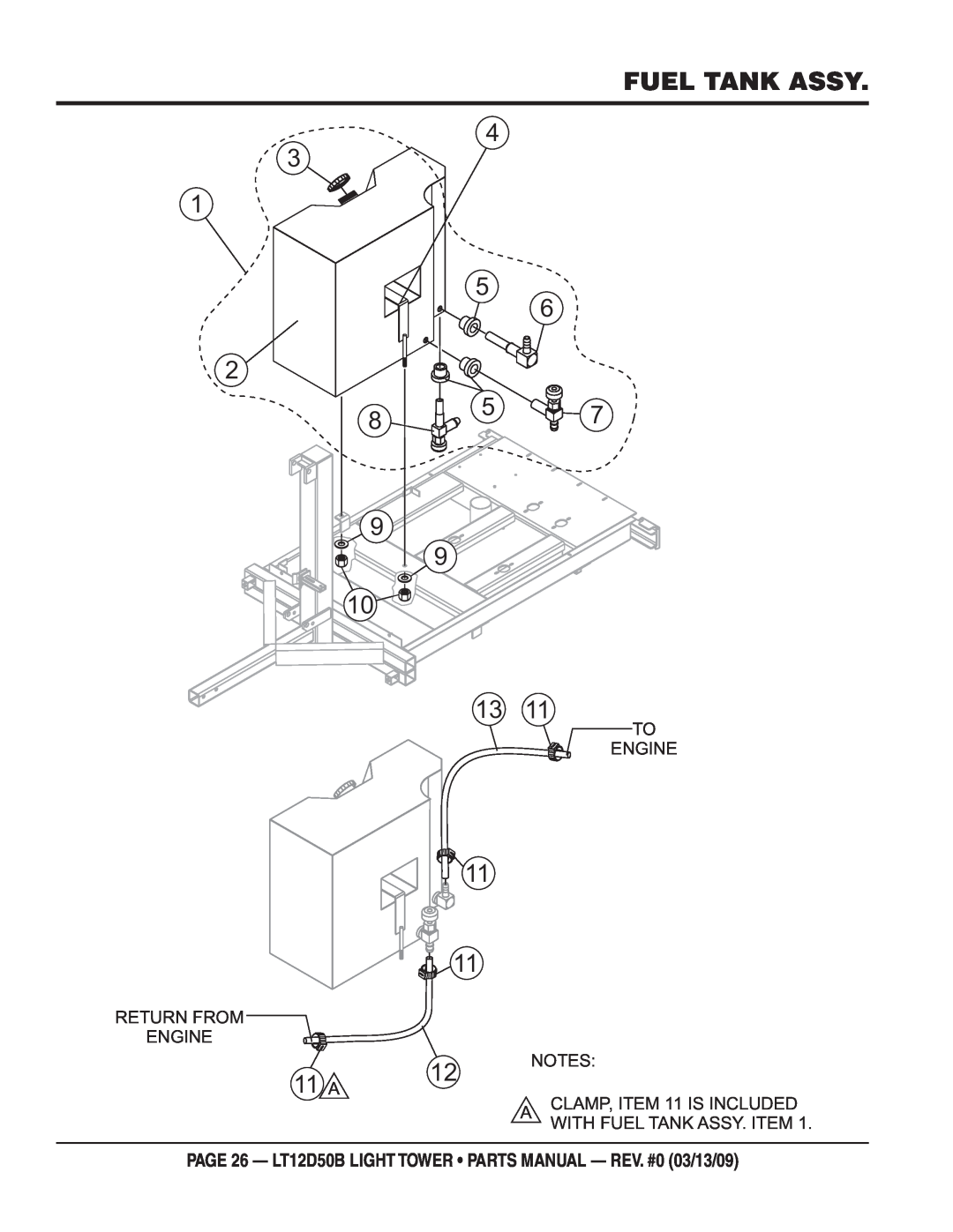 Multiquip Fuel Tank Assy, PAGE 26 - LT12D50B LIGHT TOWER PARTS MANUAL - REV. #0 03/13/09, To Engine, Return From Engine 