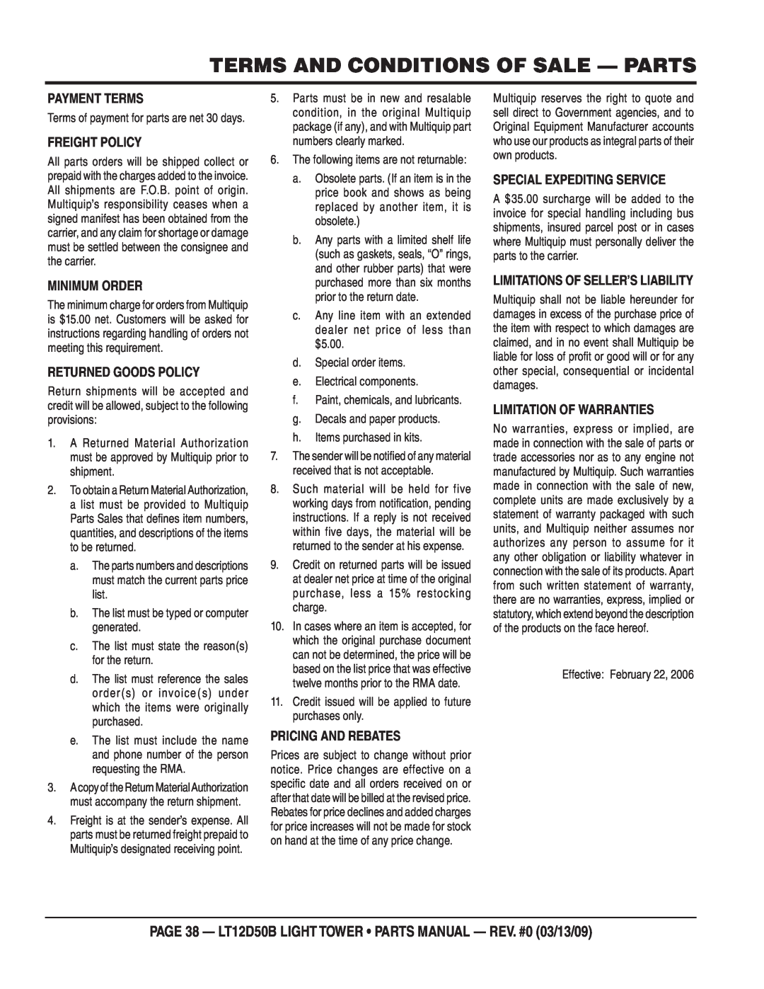 Multiquip manual Terms And Conditions Of Sale - Parts, PAGE 38 - LT12D50B LIGHT TOWER PARTS MANUAL - REV. #0 03/13/09 