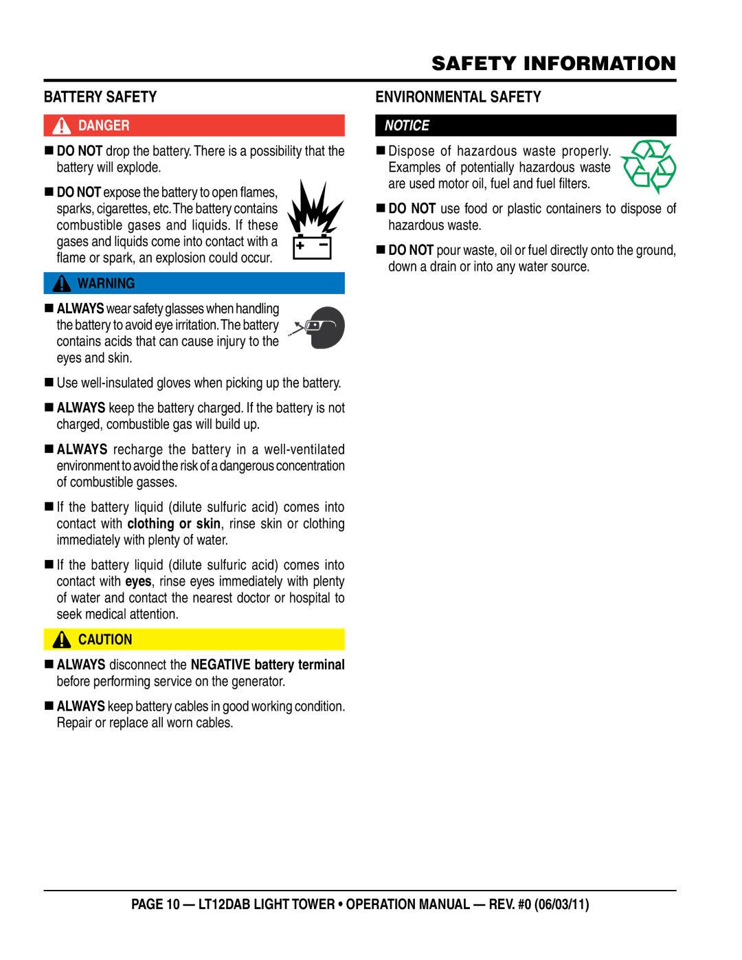 Multiquip LT12DAB operation manual BaTTeRY SaFeTY, EnvIROnmenTaL SaFeTY 