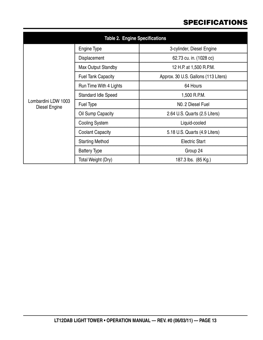 Multiquip LT12DAB operation manual Engine Specifications 