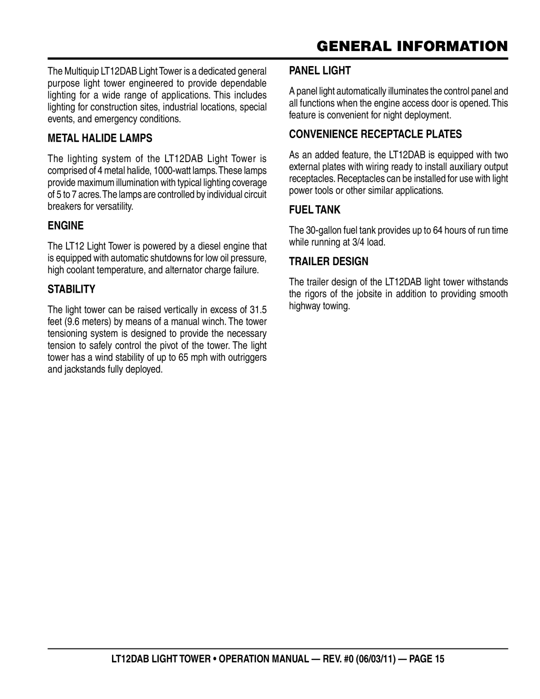 Multiquip LT12DAB operation manual General information, Metal Halide Lamps, Convenience Receptacle plates 