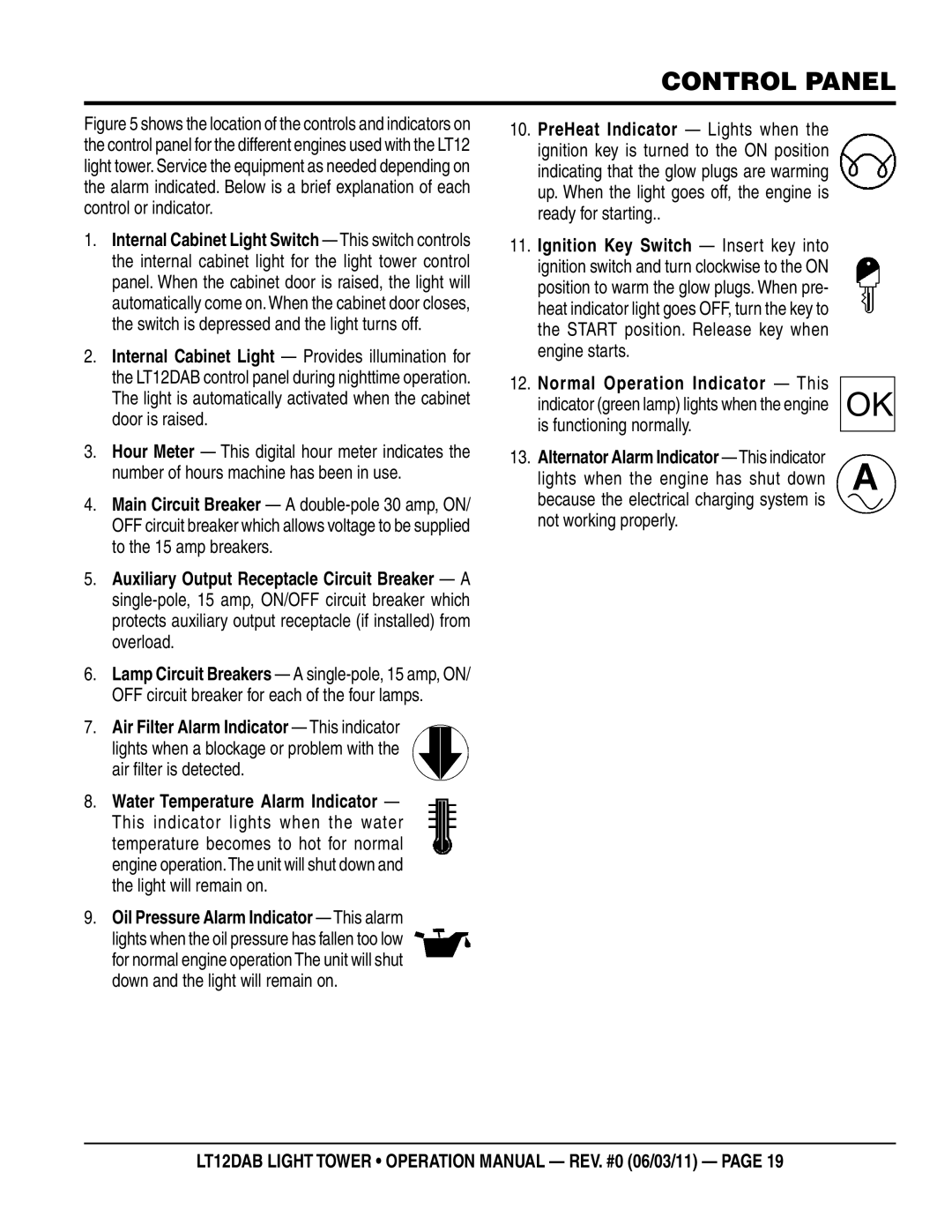 Multiquip LT12DAB operation manual Control panel 