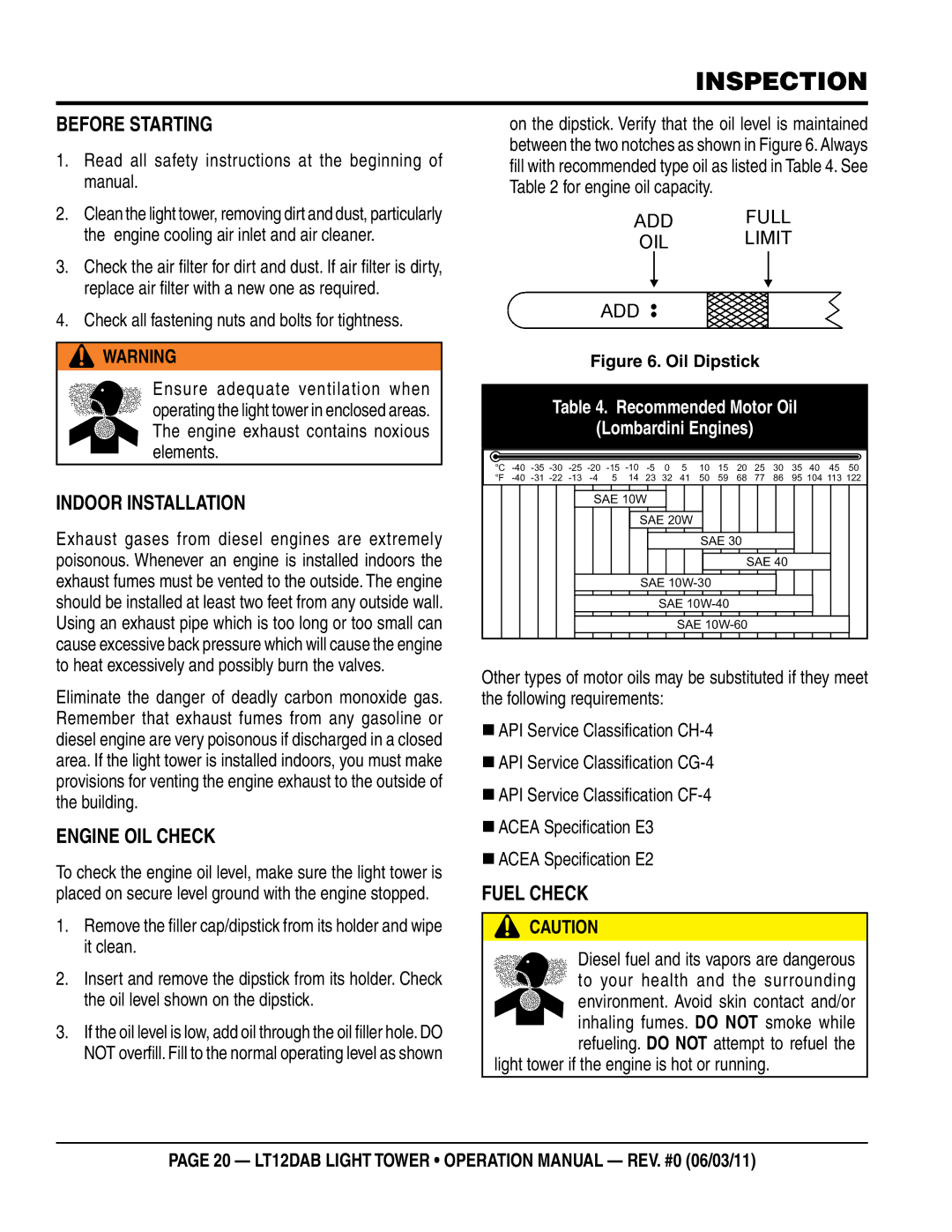 Multiquip LT12DAB operation manual Inspection, Before starting, Indoor Installation, Engine Oil Check, Fuel Check 